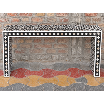 Black Mother of Pearl Inlay Console Table – Handmade Geometric Waterfall Entryway Table