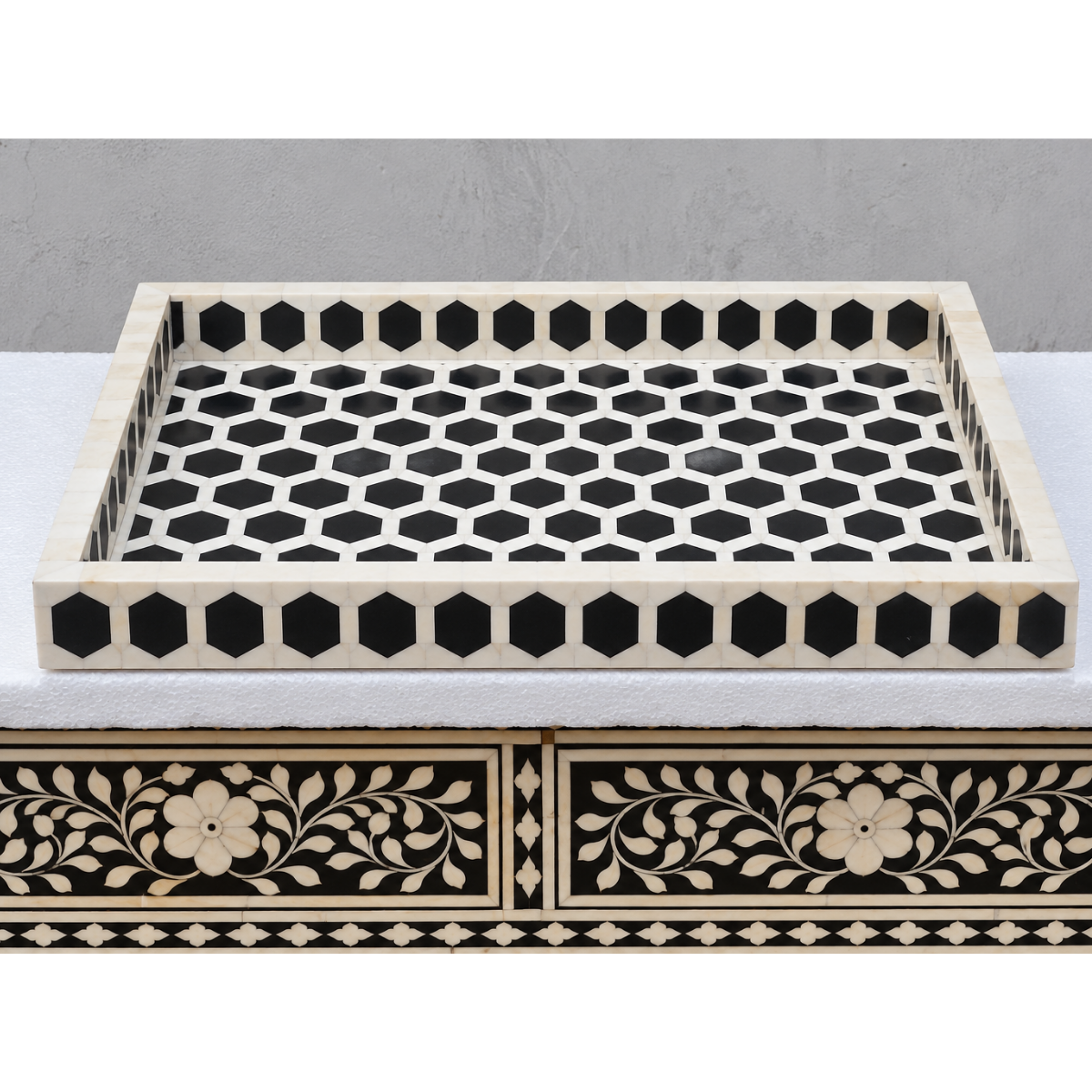 Handmade Black & White Bone Inlay Serving Tray – Geometric Honeycomb Design