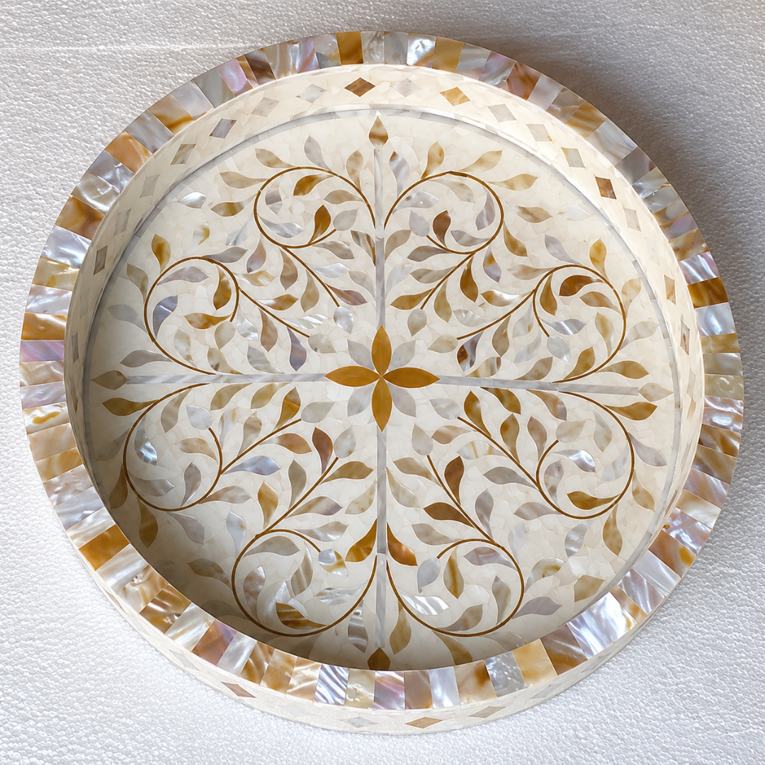 Round Mother of Pearl Inlay Serving Tray – Handmade Floral Decorative Tray