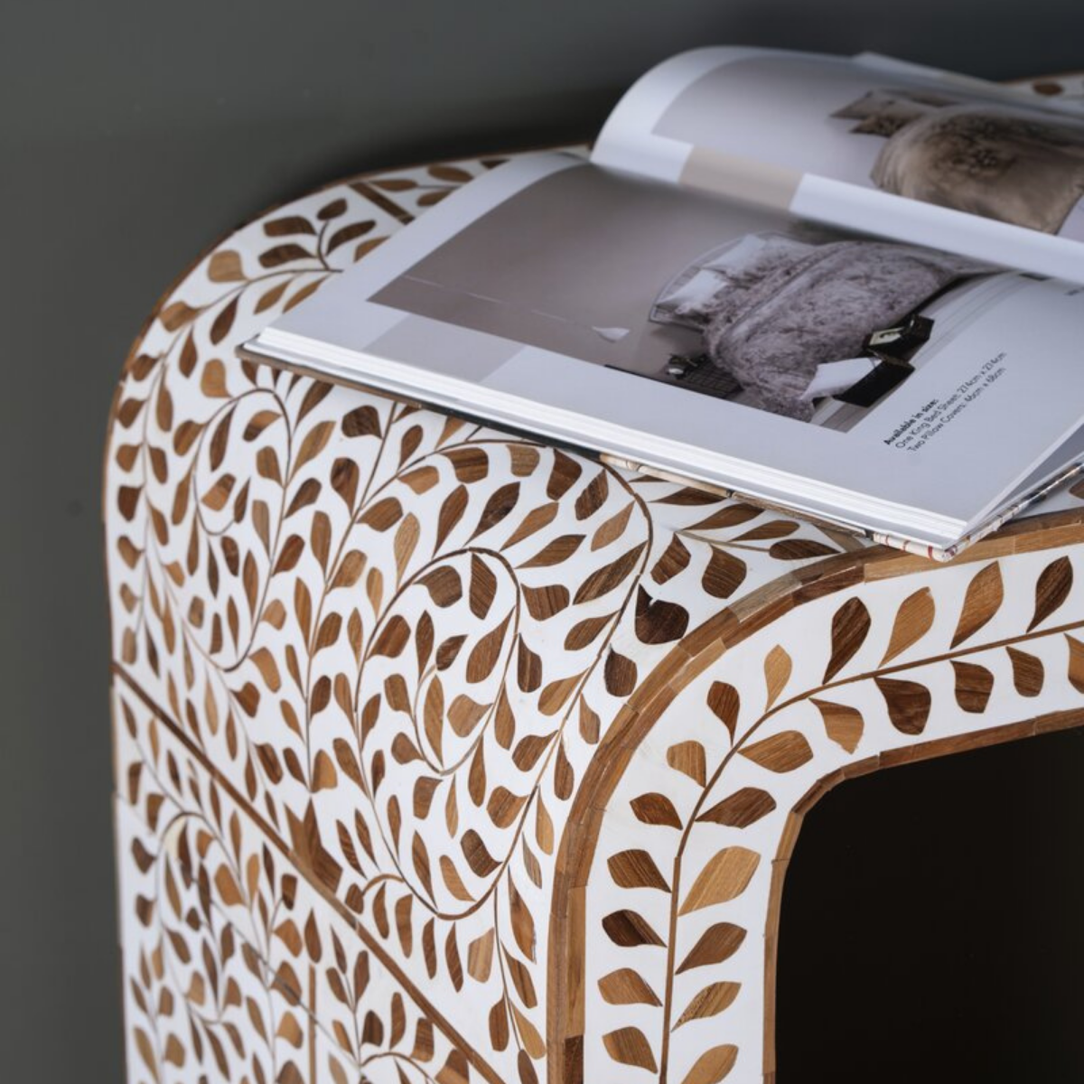 Handmade Floral Bone Inlay Arch Console Table | Curved Designer Console