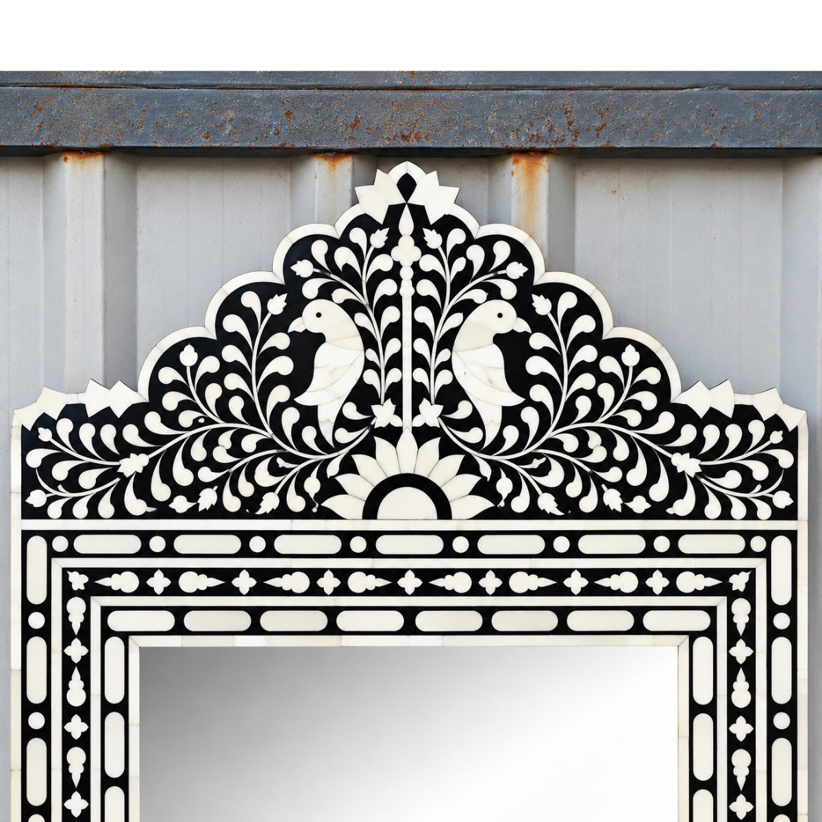 Handmade Black & White Peacock Bone Inlay Mirror – Ornate Floral Statement Wall Mirror