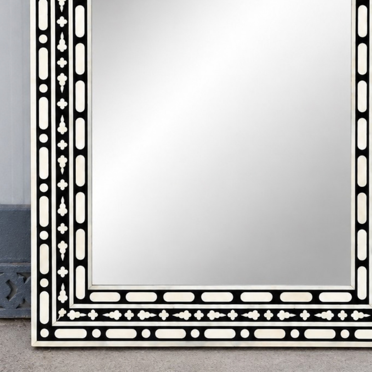 Handmade Black & White Peacock Bone Inlay Mirror – Ornate Floral Statement Wall Mirror