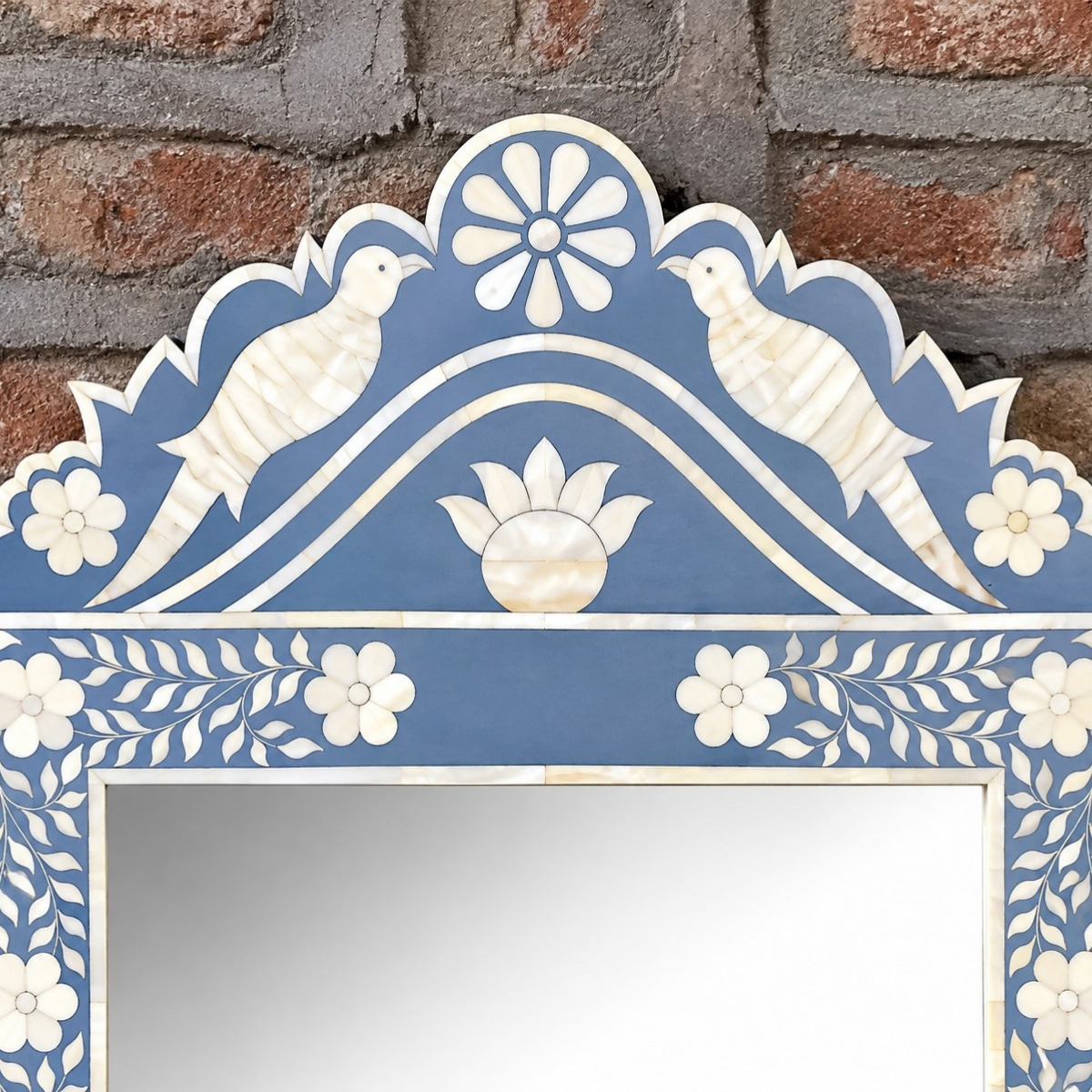 Handmade Light Blue Peacock Bone Inlay Mirror – Floral Decorative Wall Mirror