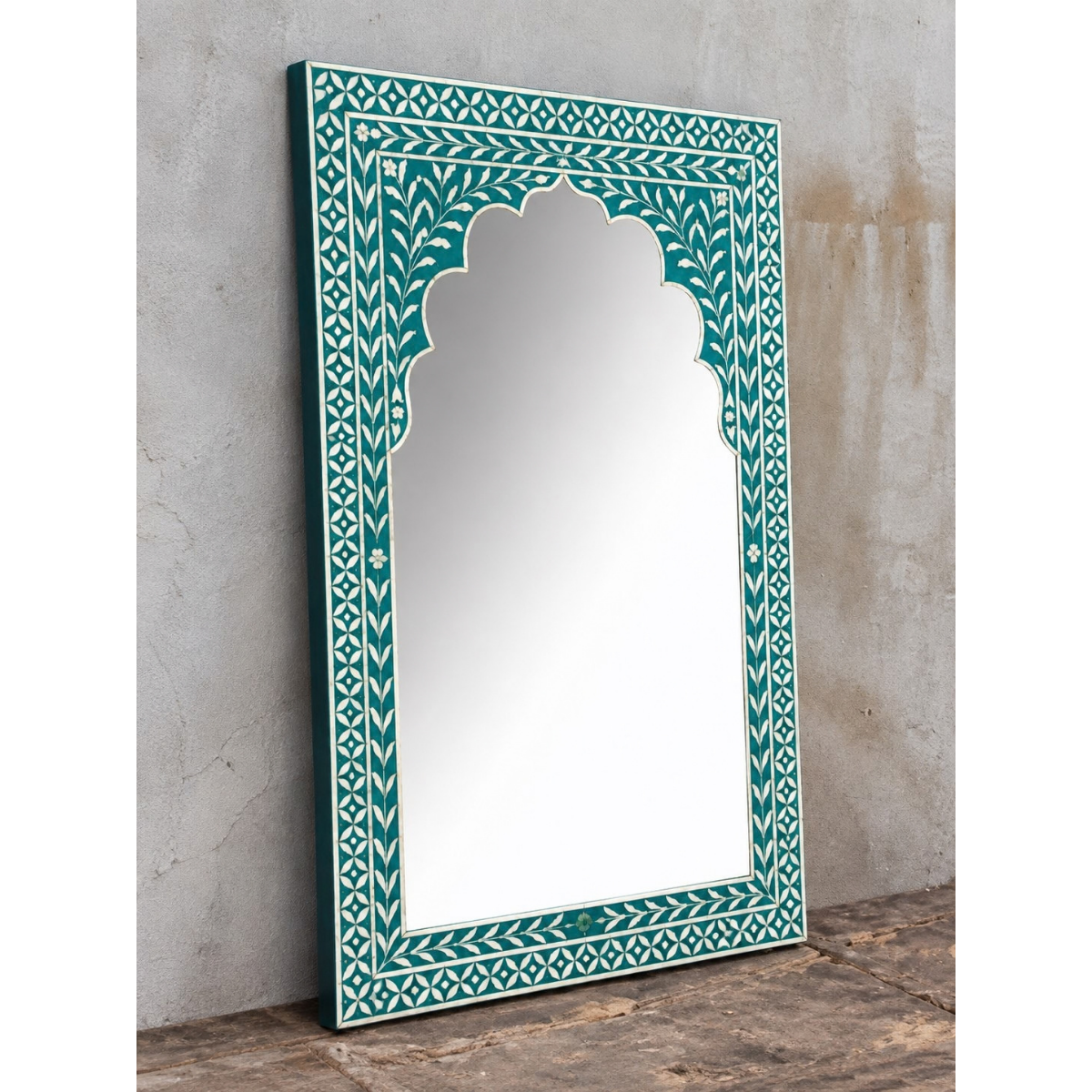 Handmade Turquoise Bone Inlay Arch Mirror – Floral Mughal Style Wall Mirror