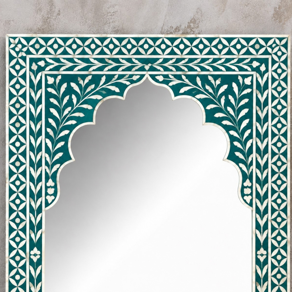 Handmade Turquoise Bone Inlay Arch Mirror – Floral Mughal Style Wall Mirror