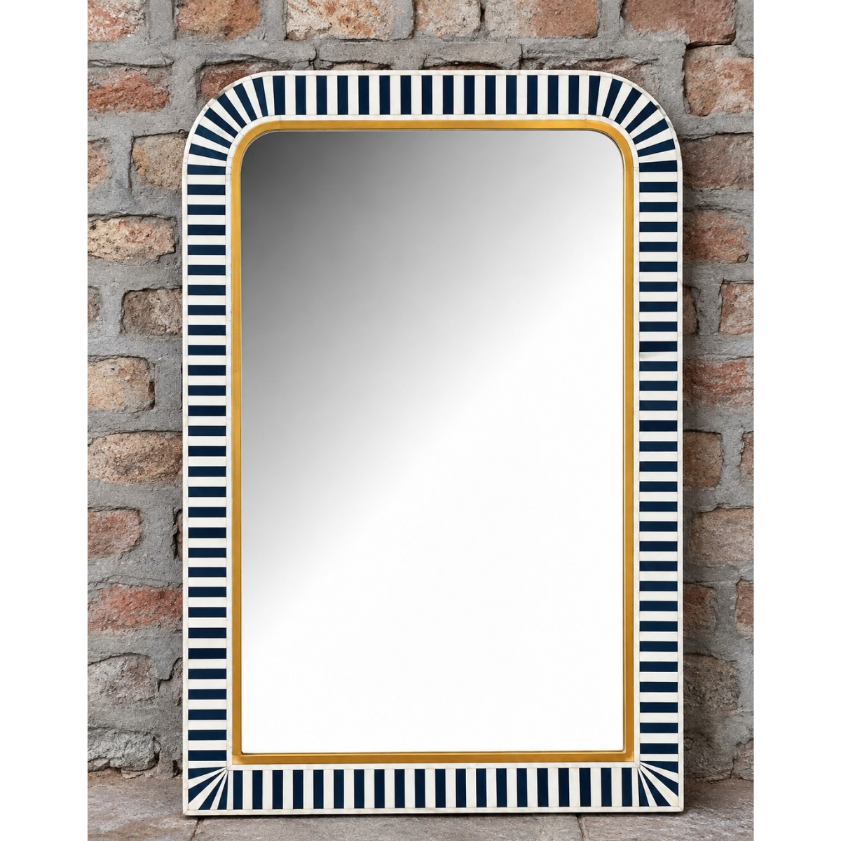 Handmade Navy Blue Striped Bone Inlay Mirror – Rounded Rectangular Wall Mirror