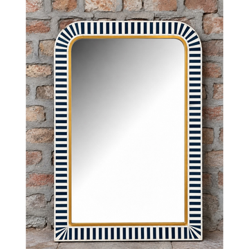 Handmade Navy Blue Striped Bone Inlay Mirror – Rounded Rectangular Wall Mirror