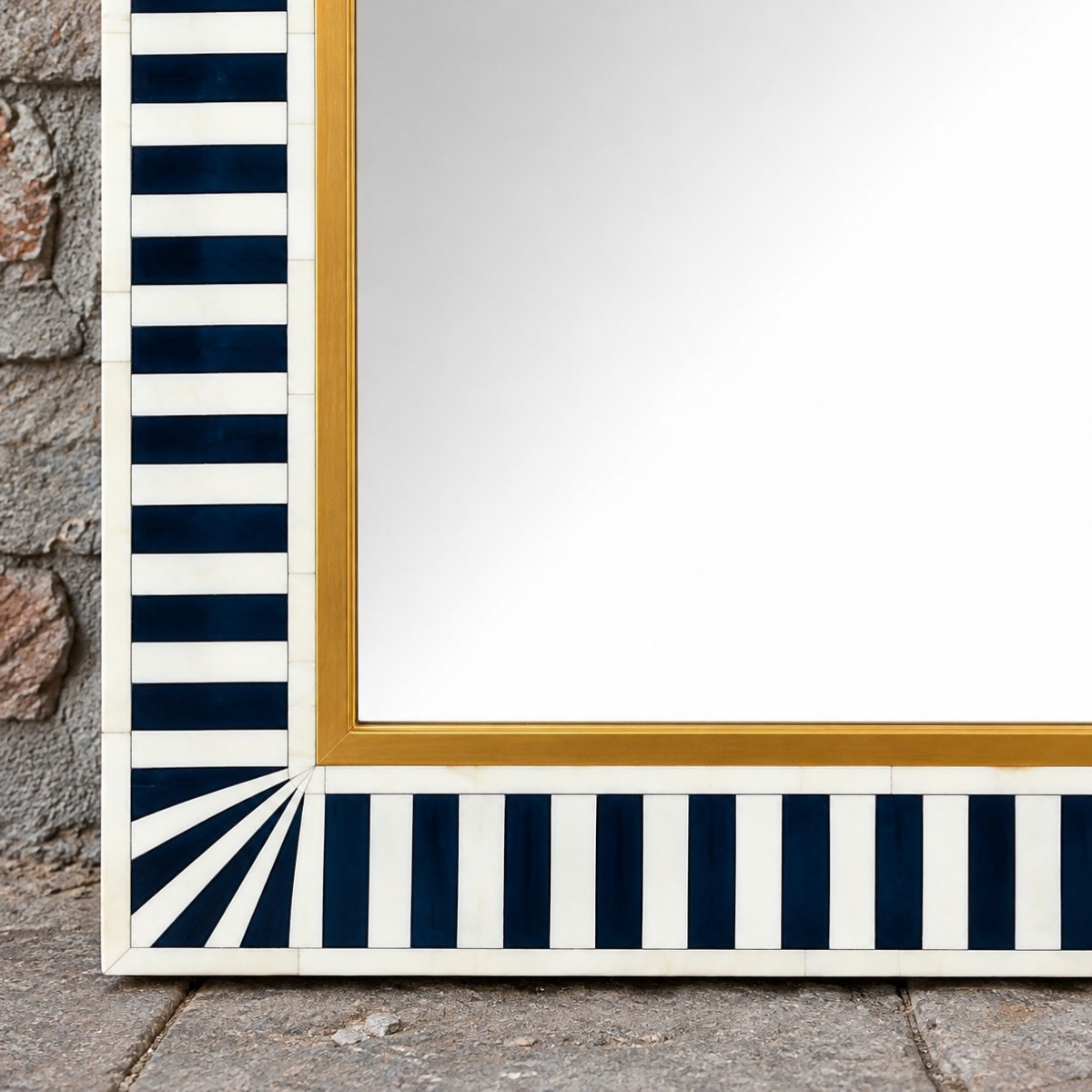 Handmade Navy Blue Striped Bone Inlay Mirror – Rounded Rectangular Wall Mirror