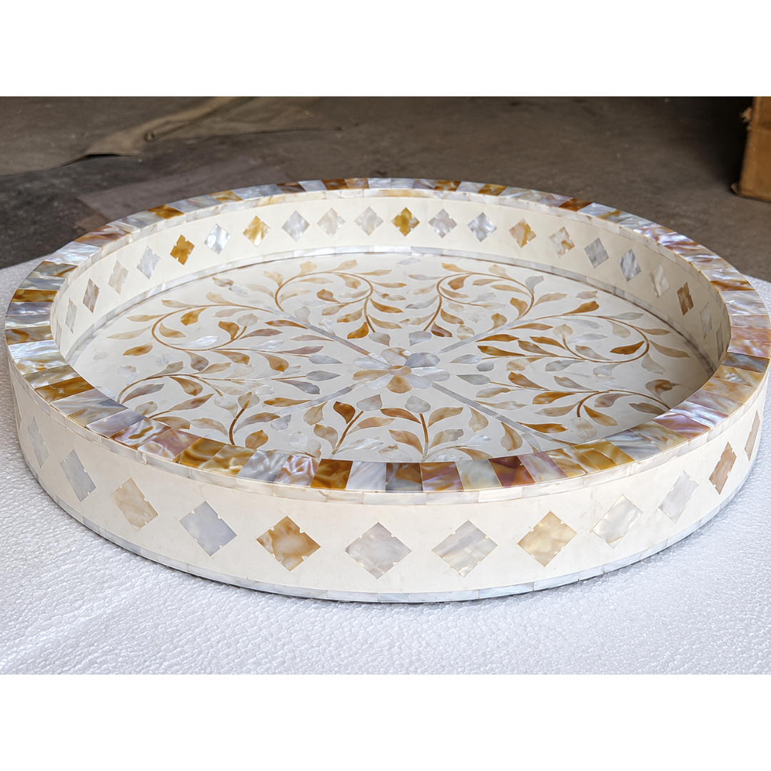 Round Mother of Pearl Inlay Serving Tray – Handmade Floral Decorative Tray