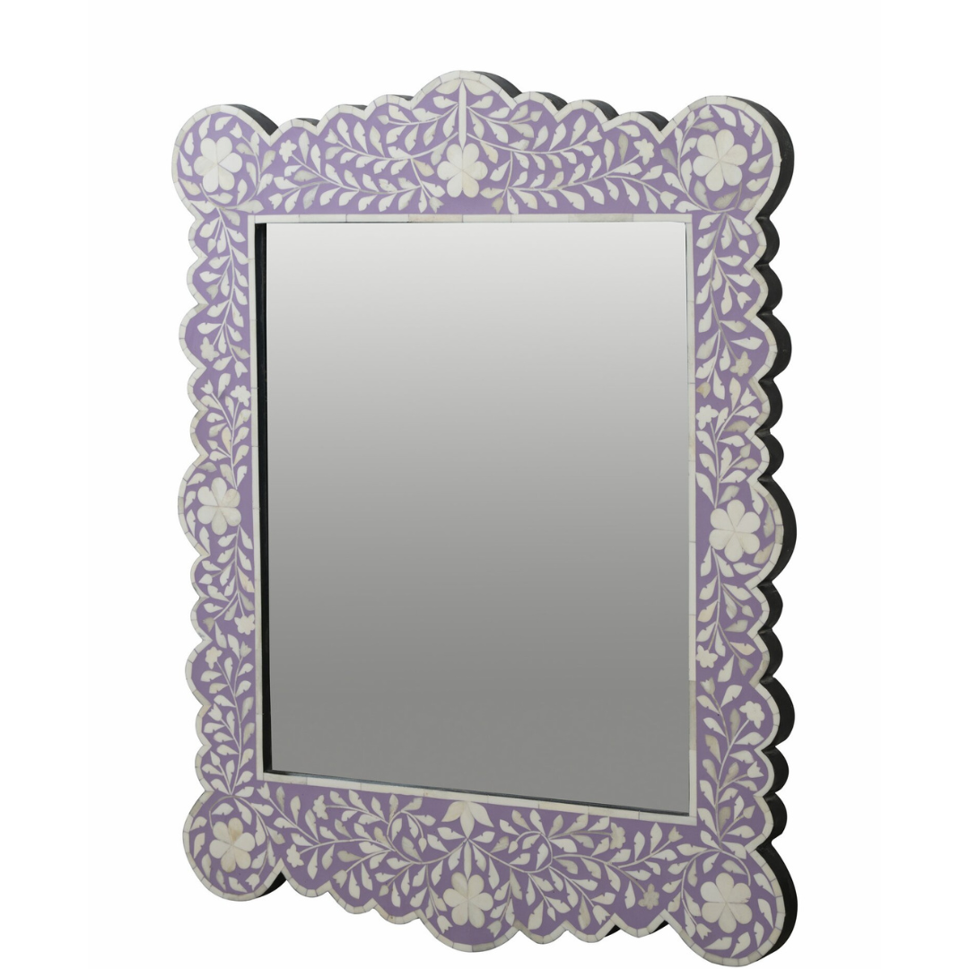 Purple Floral Bone Inlay Mirror Scalloped Frame Handmade Decorative Wall Mirror Luxury Home Decor