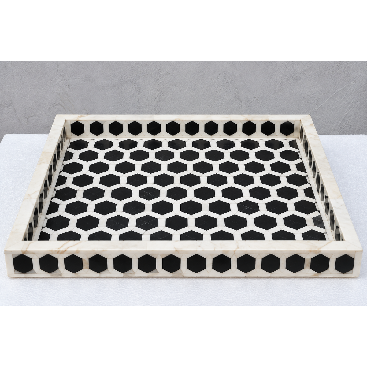 Handmade Black & White Bone Inlay Serving Tray – Geometric Honeycomb Design