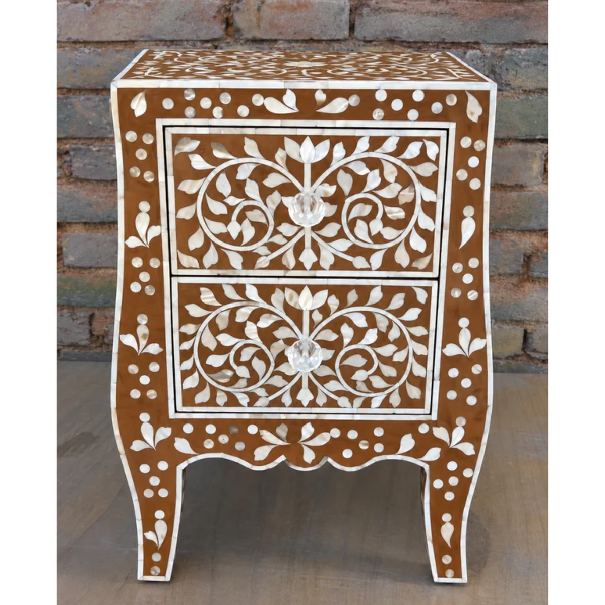 Brown Mother of Pearl Bedside Table – Handmade Floral Inlay Nightstand with 2 Drawers