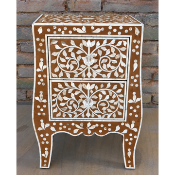 Brown Mother of Pearl Bedside Table – Handmade Floral Inlay Nightstand with 2 Drawers