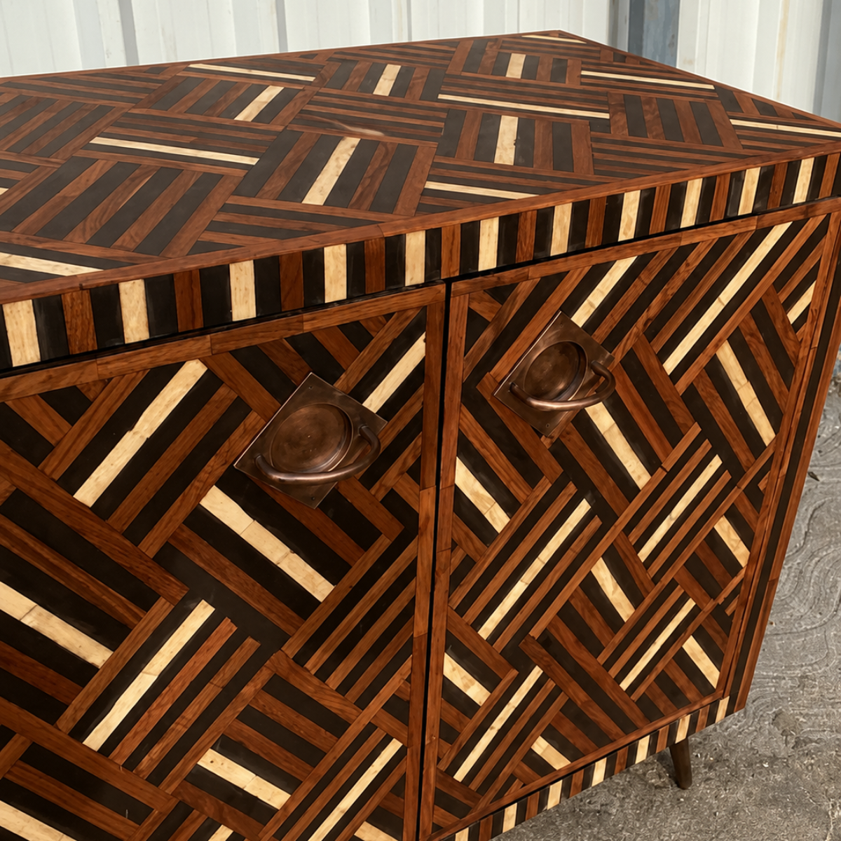 Handmade Brown & Ivory Bone Inlay Sideboard – Geometric 4 Door Credenza
