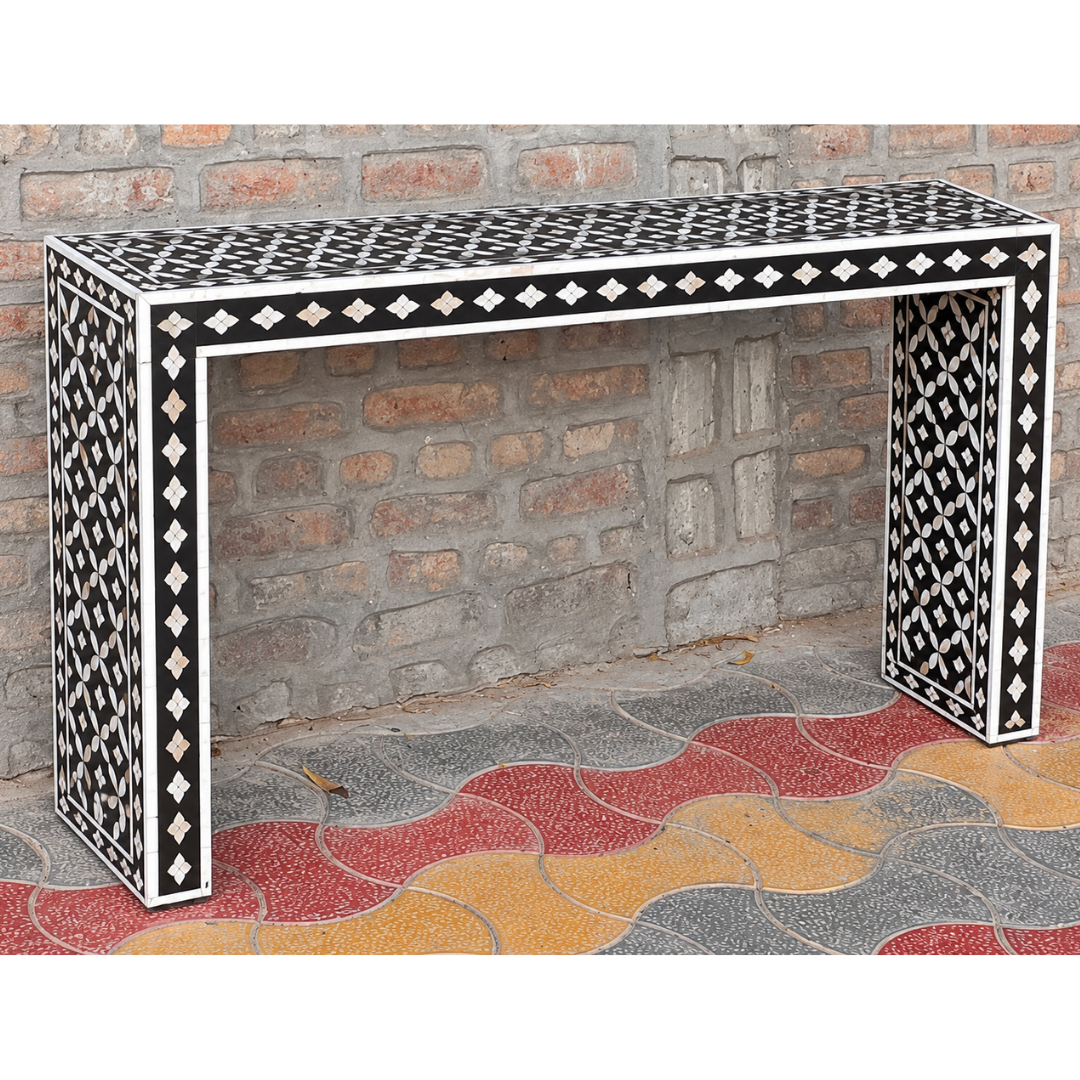 Black Mother of Pearl Inlay Console Table – Handmade Geometric Waterfall Entryway Table