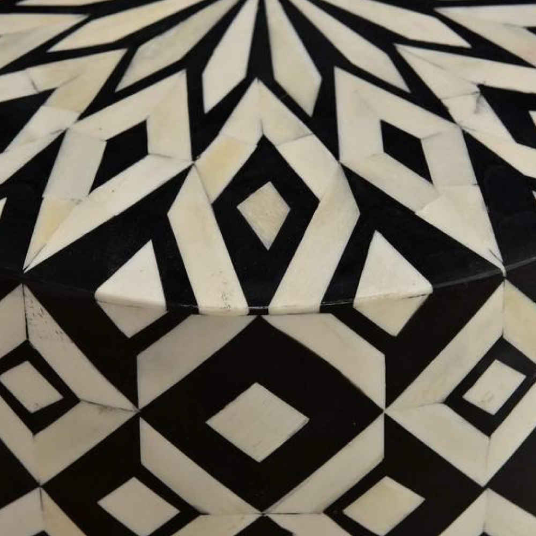 Handmade Bone Inlay Round End Table Black Diamond Geometric Pattern Accent Side Table Modern Luxury Furniture