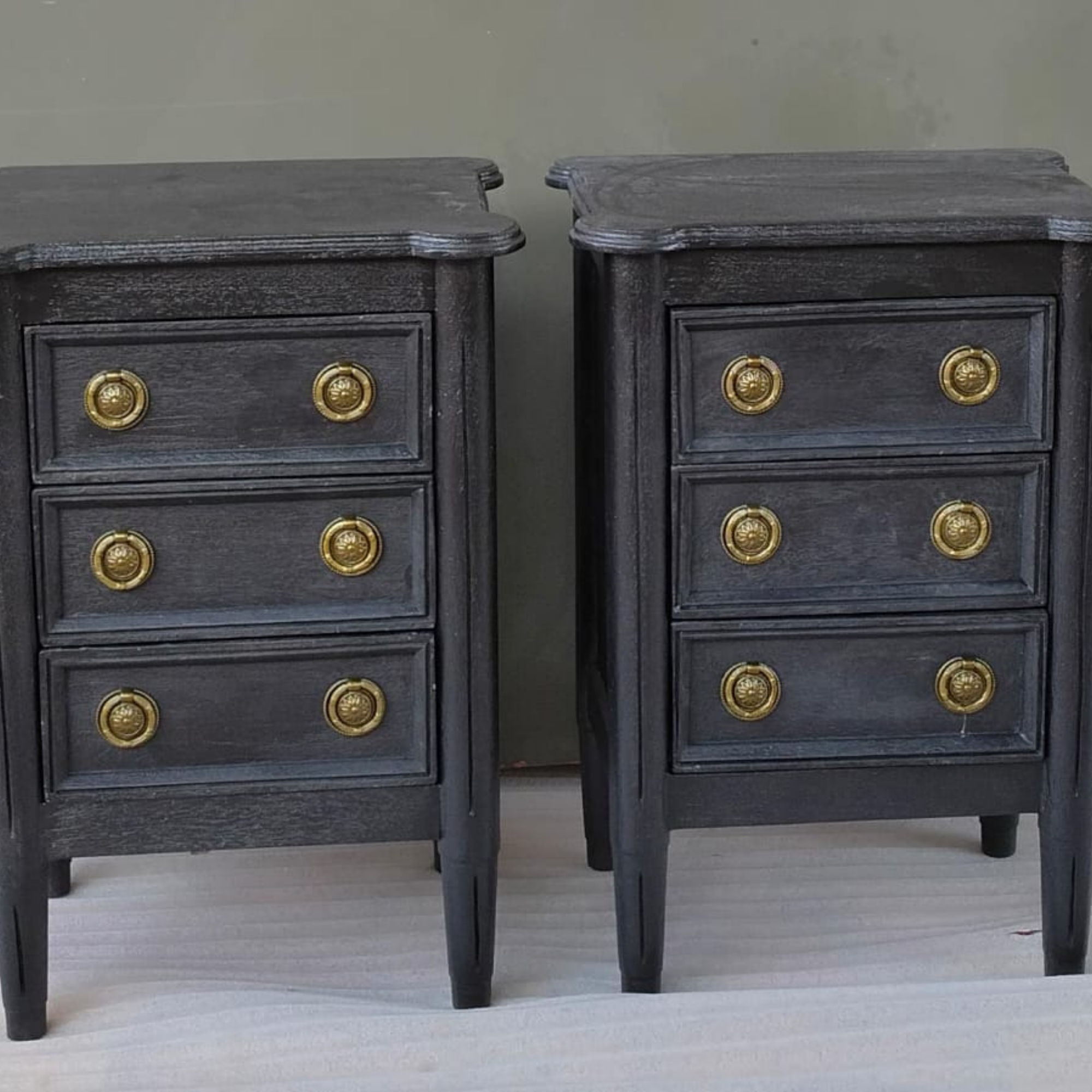 Black Wooden 3 Drawer Bedside Table Set of 2 | Handmade Nightstand with Brass Knobs