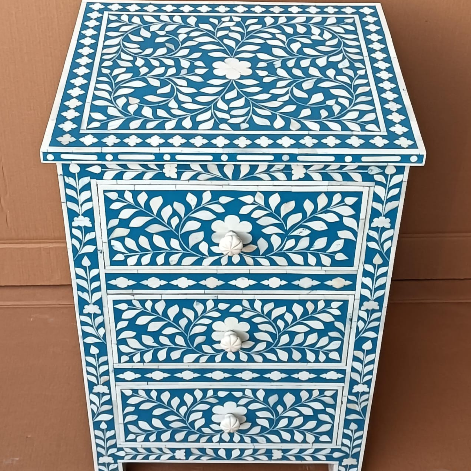 Set of 2 Handmade Blue Bone Inlay Bedside Tables – Floral Pattern Nightstands