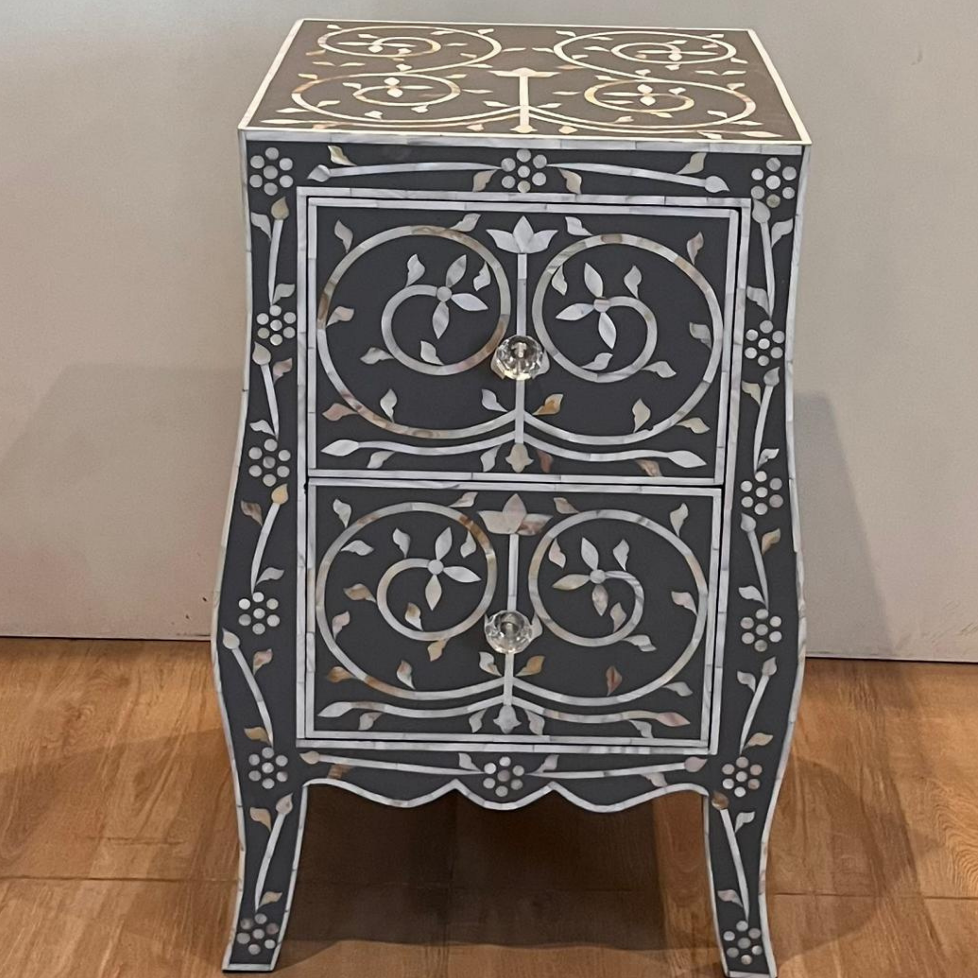 Handmade Black Mother of Pearl Inlay 2 Drawer Bedside Table