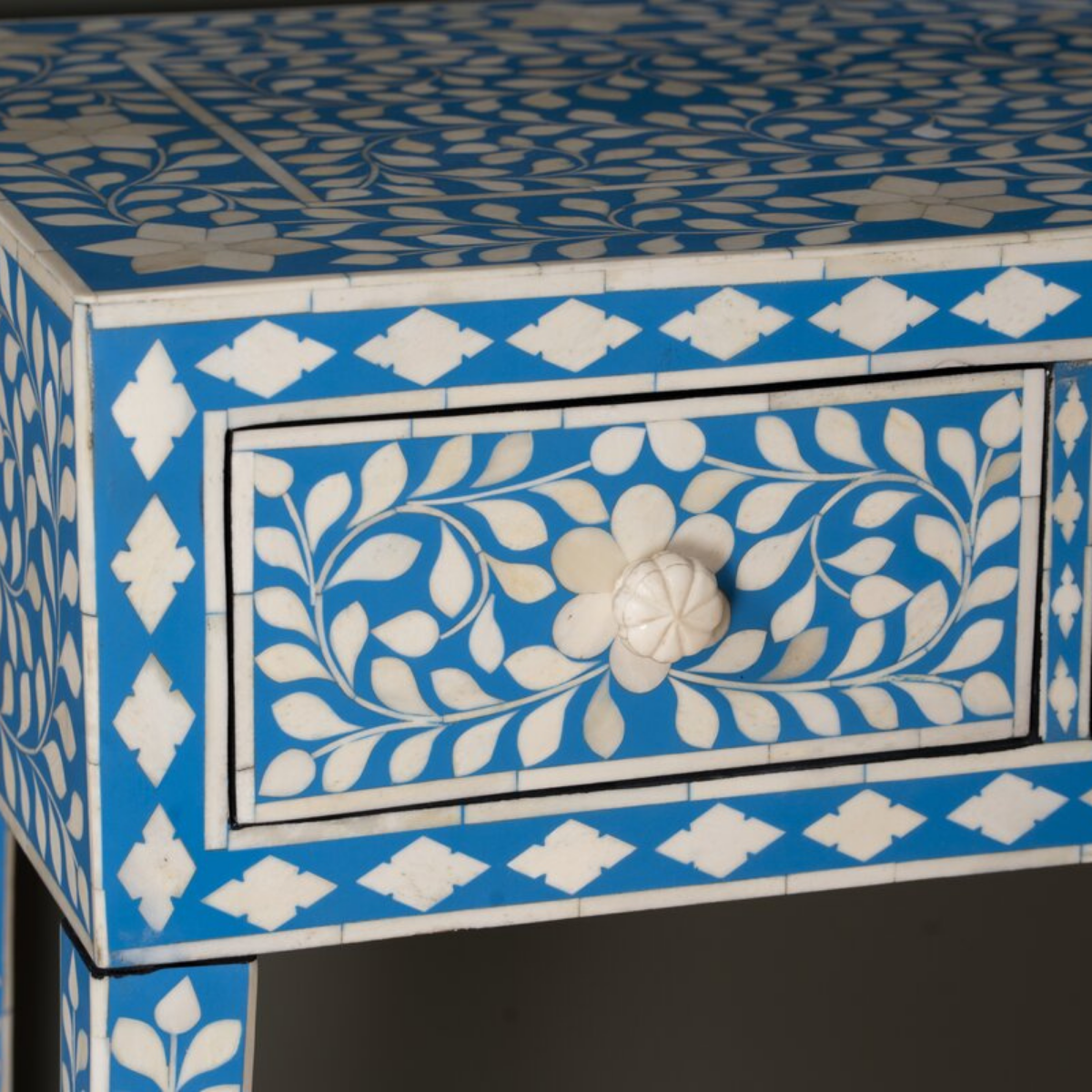 Blue Bone Inlay Console Table with 3 Drawers | Handmade Floral Entryway Console