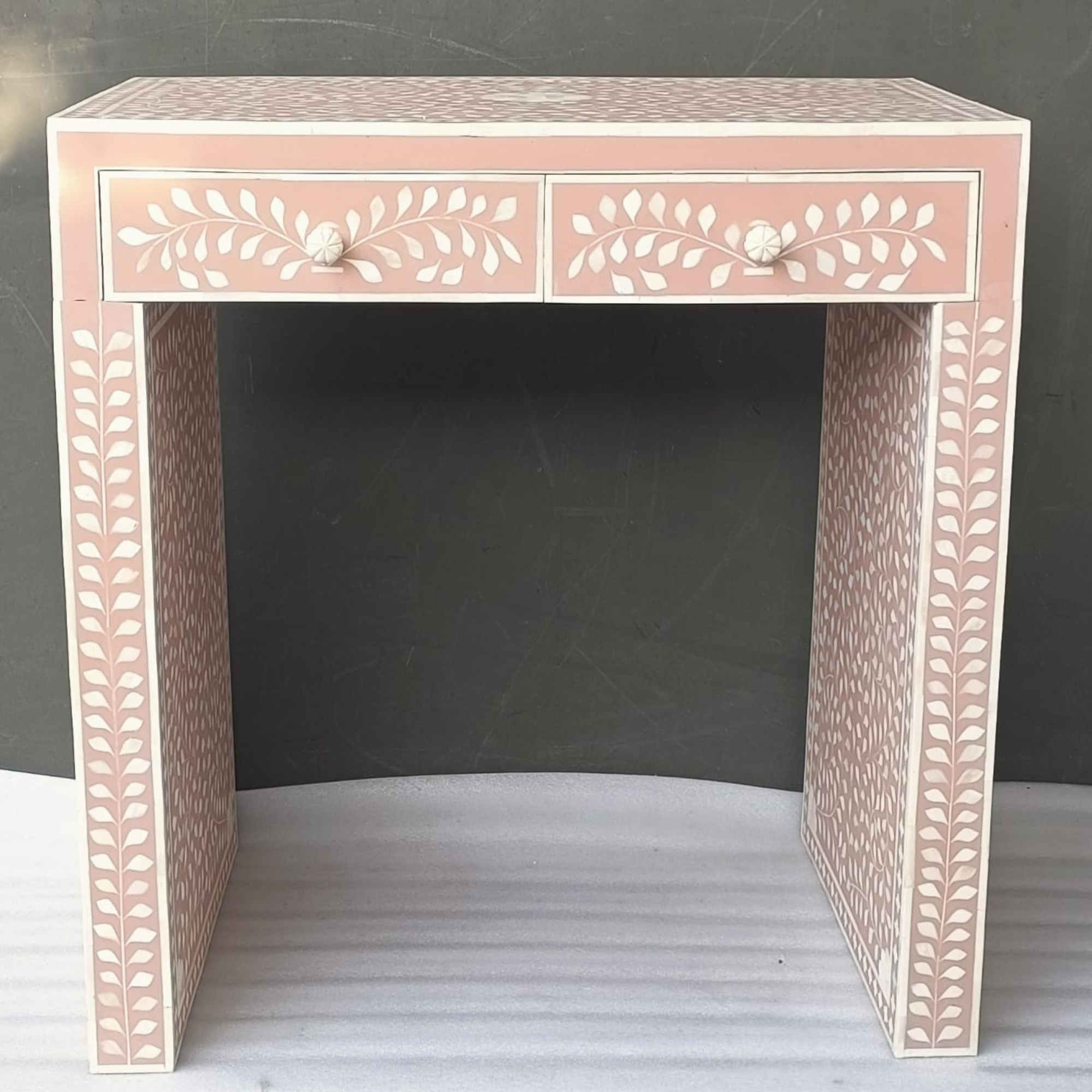 Handmade Bone Inlay Floral Console Table – Peach White Entryway Table, Luxury Hallway Table, Artisan Inlay Furniture