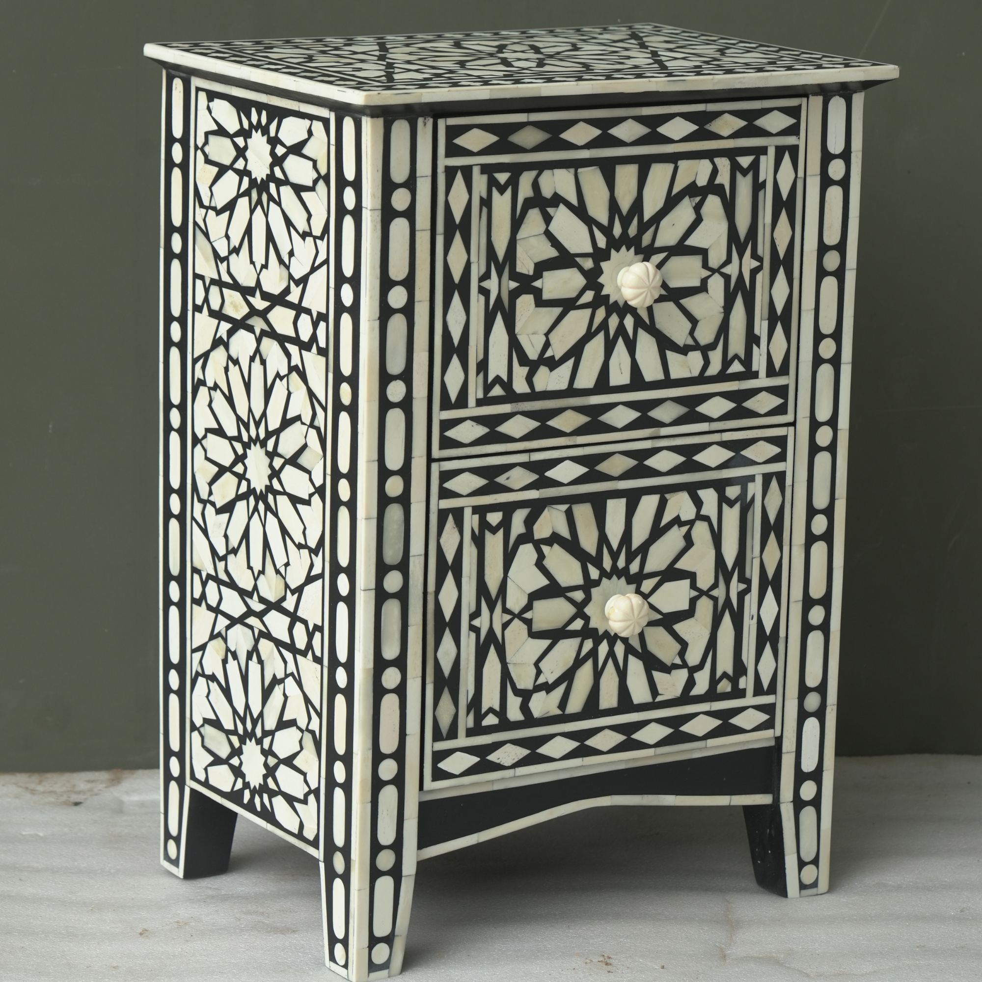 Handmade Bone Inlay Geometric Bedside Table Black White – 2 Drawer Luxury Nightstand Furniture