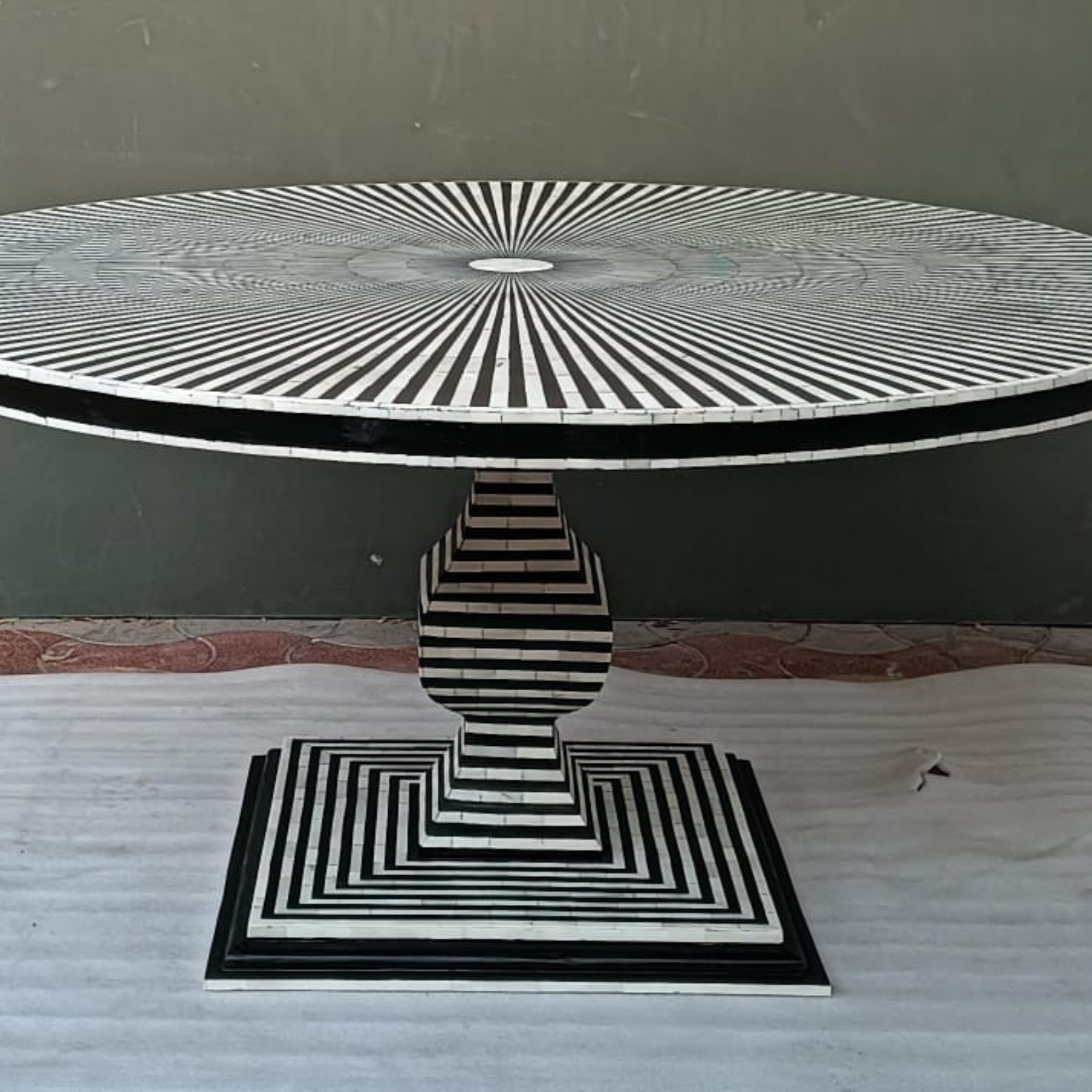 Handmade Bone Inlay Dining Table – Black White Stripe Round Dining Table, Modern Pedestal Table, Luxury Inlay Furniture