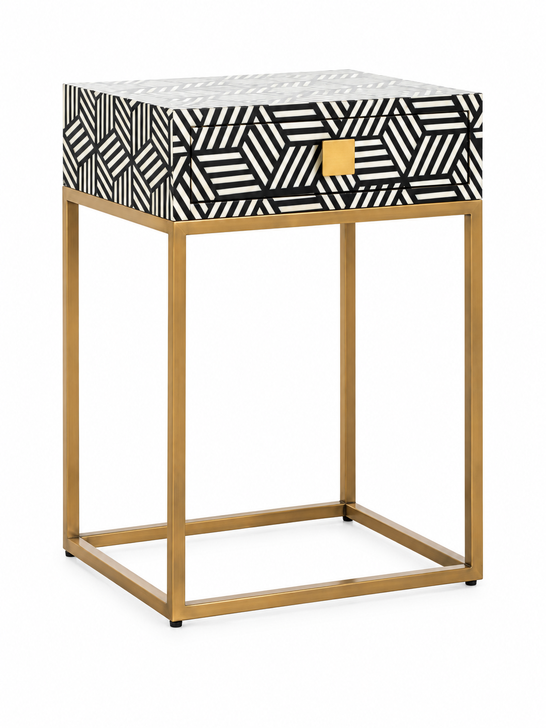 Handmade Black & White Bone Inlay Bedside Table – Geometric Design with Brass Iron Legs