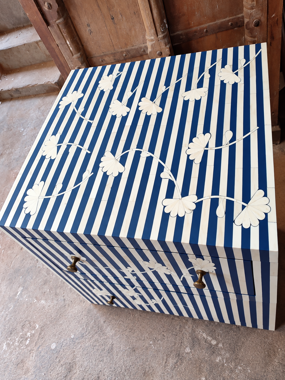 Handmade Blue & White Bone Inlay Chest of Drawers – Striped Floral 3 Drawer Cabinet with Brass Legs