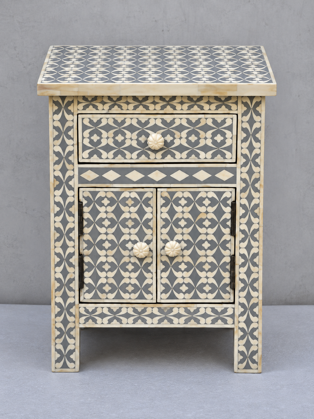 Handmade Grey & White Bone Inlay Bedside Table – 1 Drawer Cabinet Nightstand