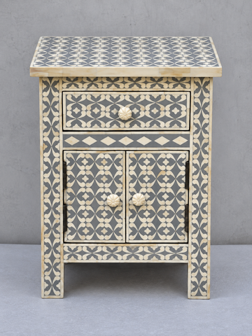 Handmade Grey & White Bone Inlay Bedside Table – 1 Drawer Cabinet Nightstand