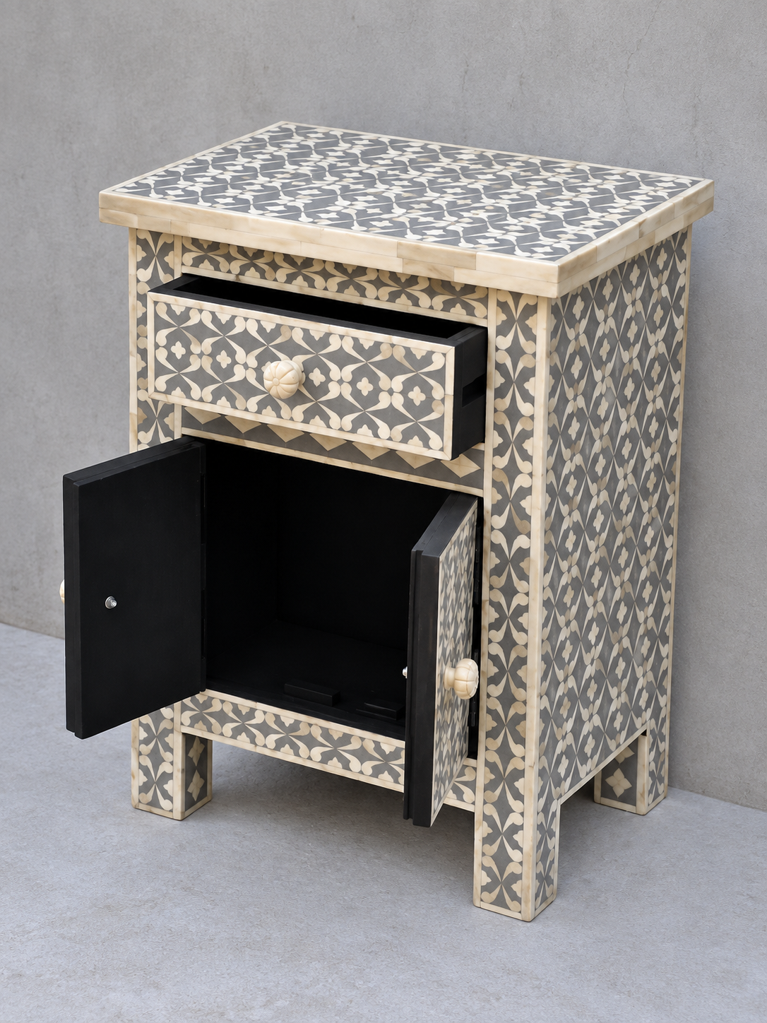 Handmade Grey & White Bone Inlay Bedside Table – 1 Drawer Cabinet Nightstand