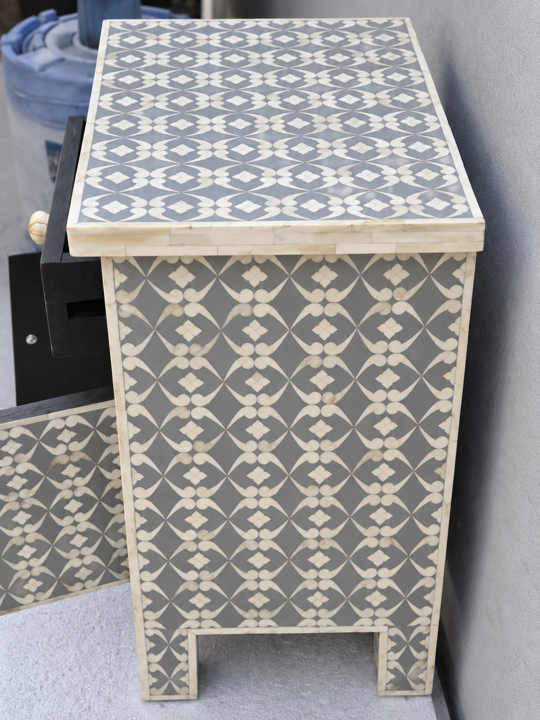 Handmade Grey & White Bone Inlay Bedside Table – 1 Drawer Cabinet Nightstand
