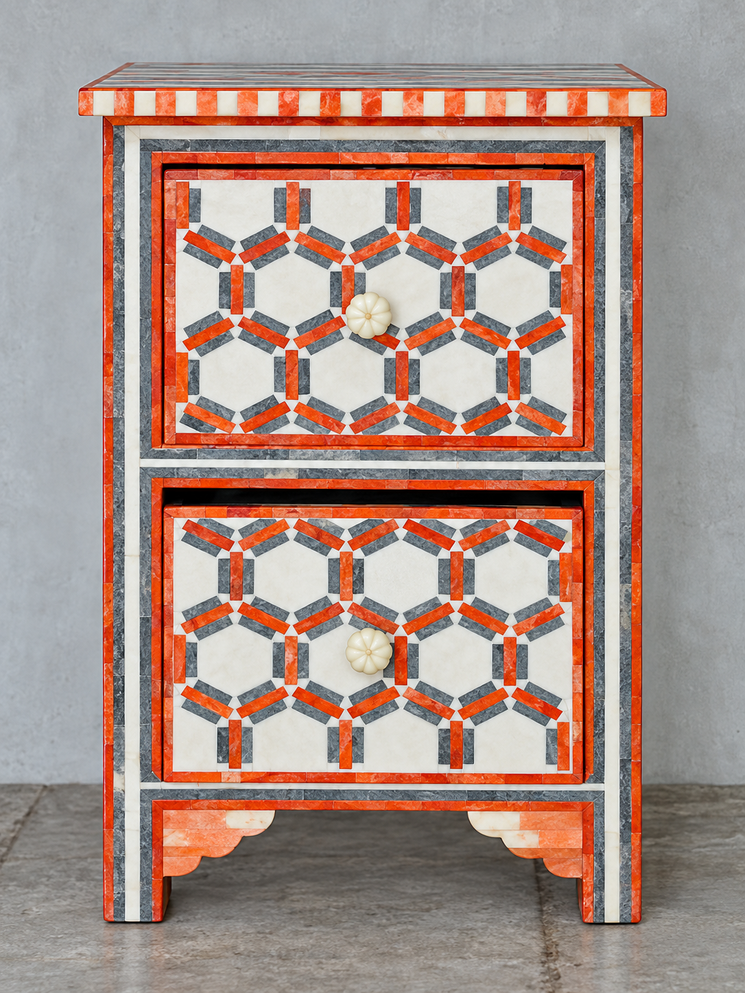 Handmade Orange, Grey & White Bone Inlay Bedside Table – Geometric 2 Drawer Nightstand