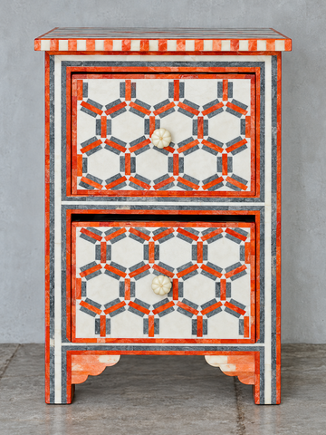 Handmade Orange, Grey & White Bone Inlay Bedside Table – Geometric 2 Drawer Nightstand