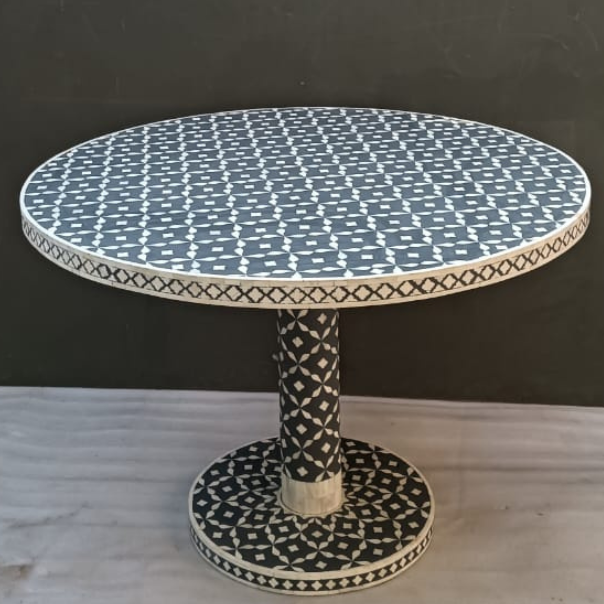 Handmade Bone Inlay Dining Table – Black White Geometric Round Table, Luxury Pedestal Dining Table, Artisan Inlay Furniture