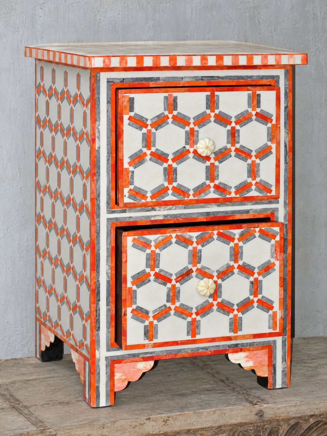 Handmade Orange, Grey & White Bone Inlay Bedside Table – Geometric 2 Drawer Nightstand