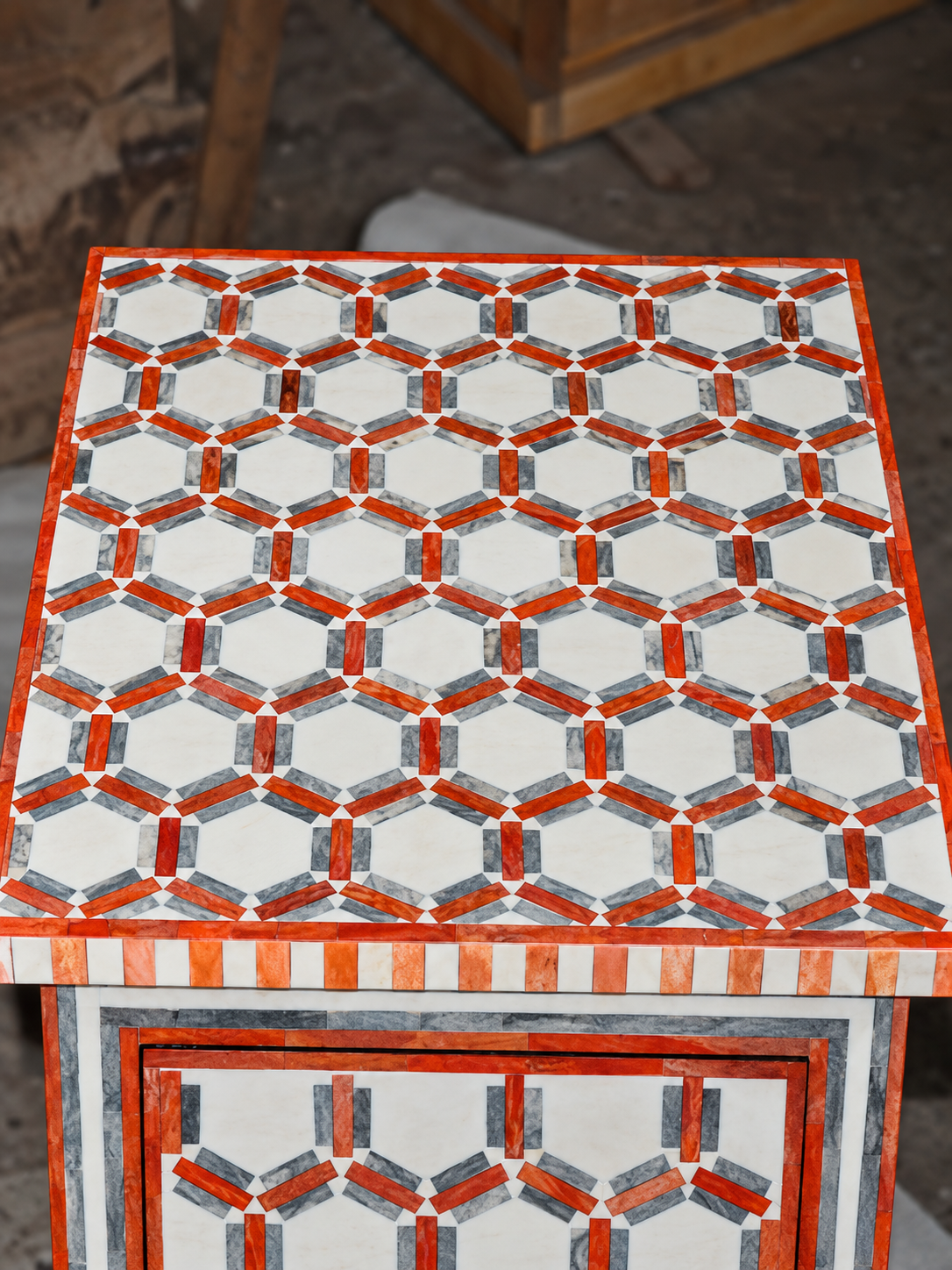 Handmade Orange, Grey & White Bone Inlay Bedside Table – Geometric 2 Drawer Nightstand