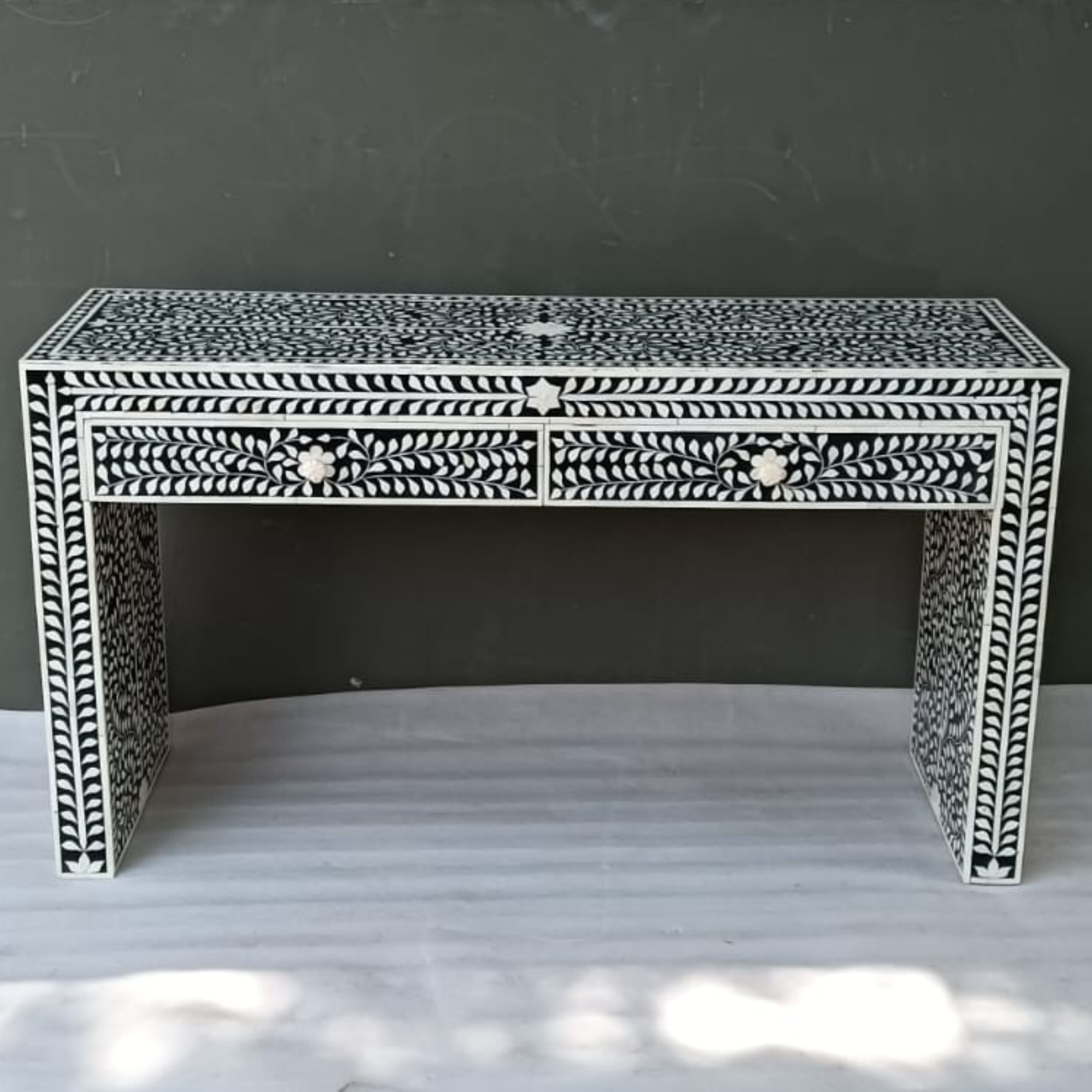 Handmade Bone Inlay Floral Console Table – Black White Entryway Table with Drawers, Luxury Hallway Furniture