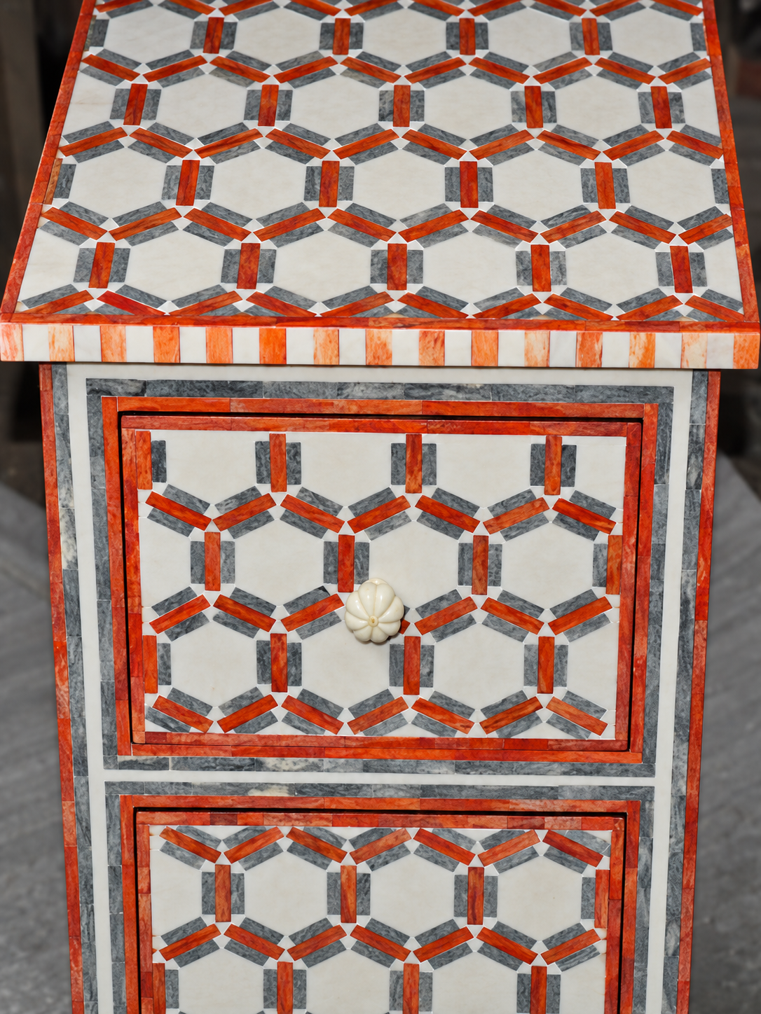 Handmade Orange, Grey & White Bone Inlay Bedside Table – Geometric 2 Drawer Nightstand