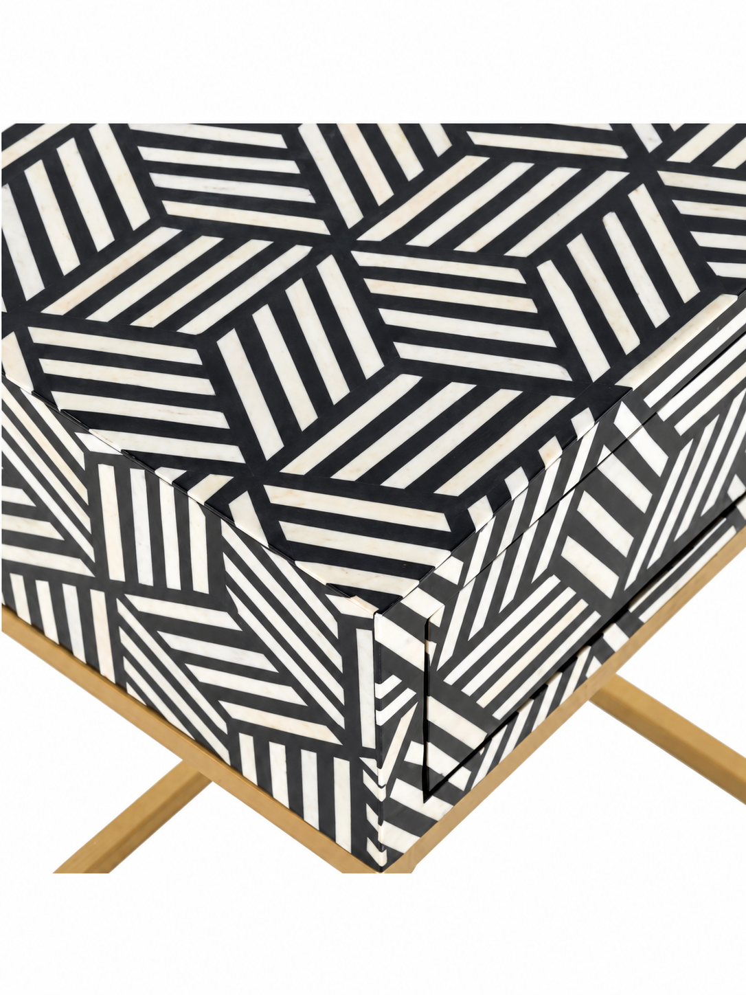Handmade Black & White Bone Inlay Bedside Table – Geometric Design with Brass Iron Legs