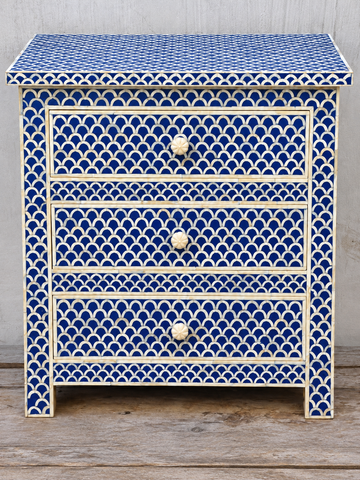 Handmade Blue & White Bone Inlay Bedside Table – Scallop 3 Drawer Nightstand