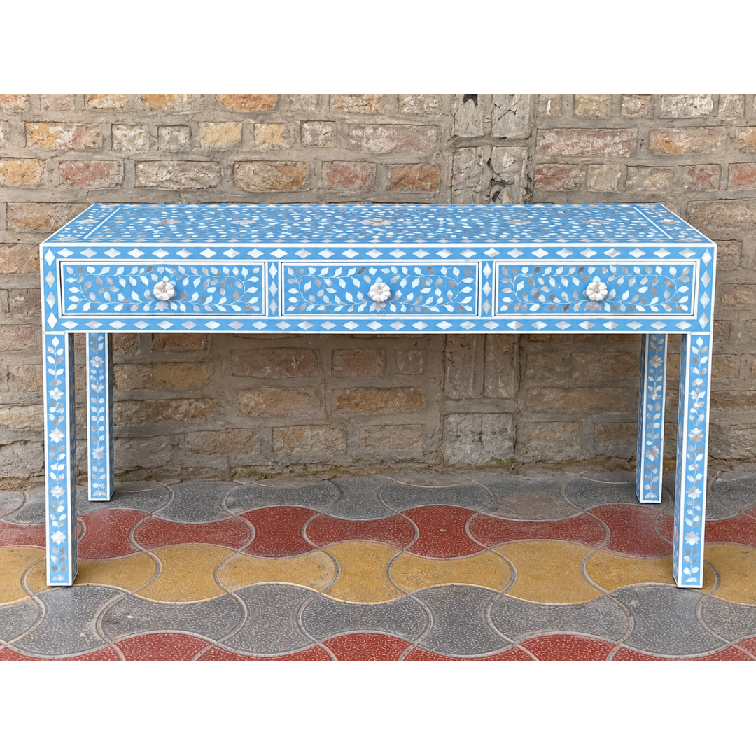 Blue Mother of Pearl inlay console table with three drawers and handmade floral leaf design
