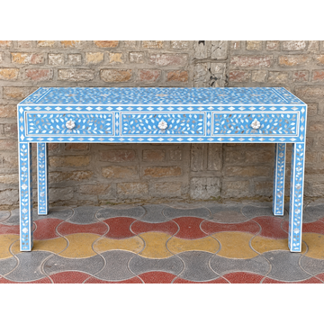 Blue Mother of Pearl inlay console table with three drawers and handmade floral leaf design