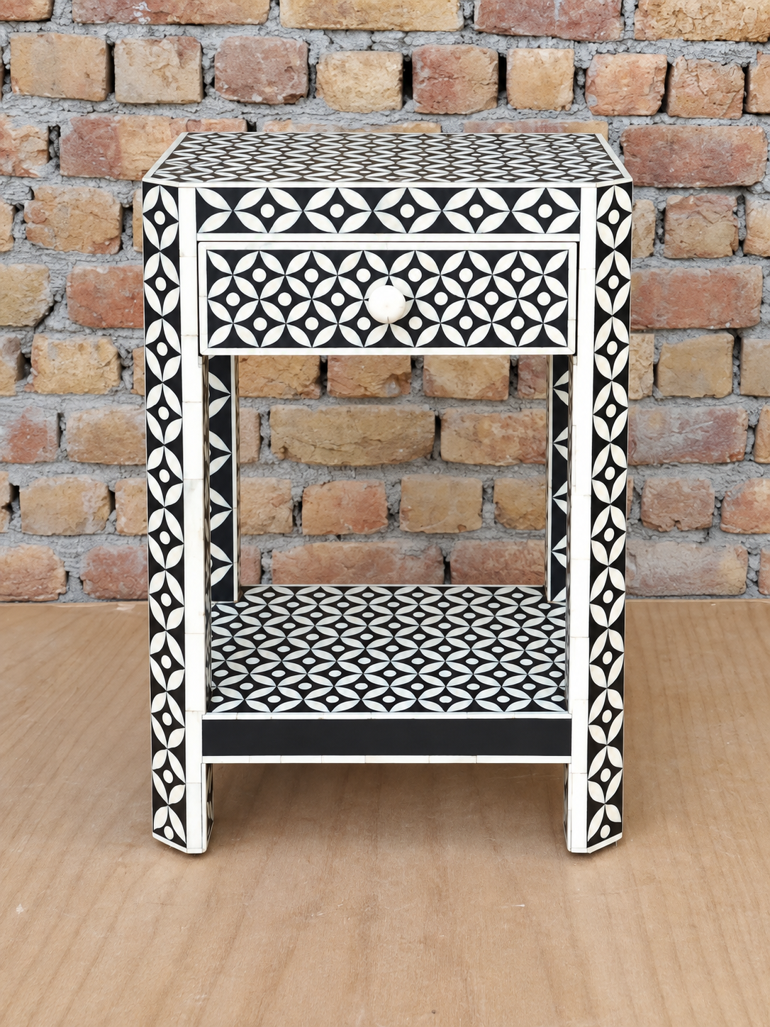 Handmade Black & White Bone Inlay Bedside Table – Geometric 1 Drawer Nightstand with Shelf