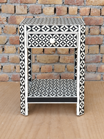Handmade Black & White Bone Inlay Bedside Table – Geometric 1 Drawer Nightstand with Shelf
