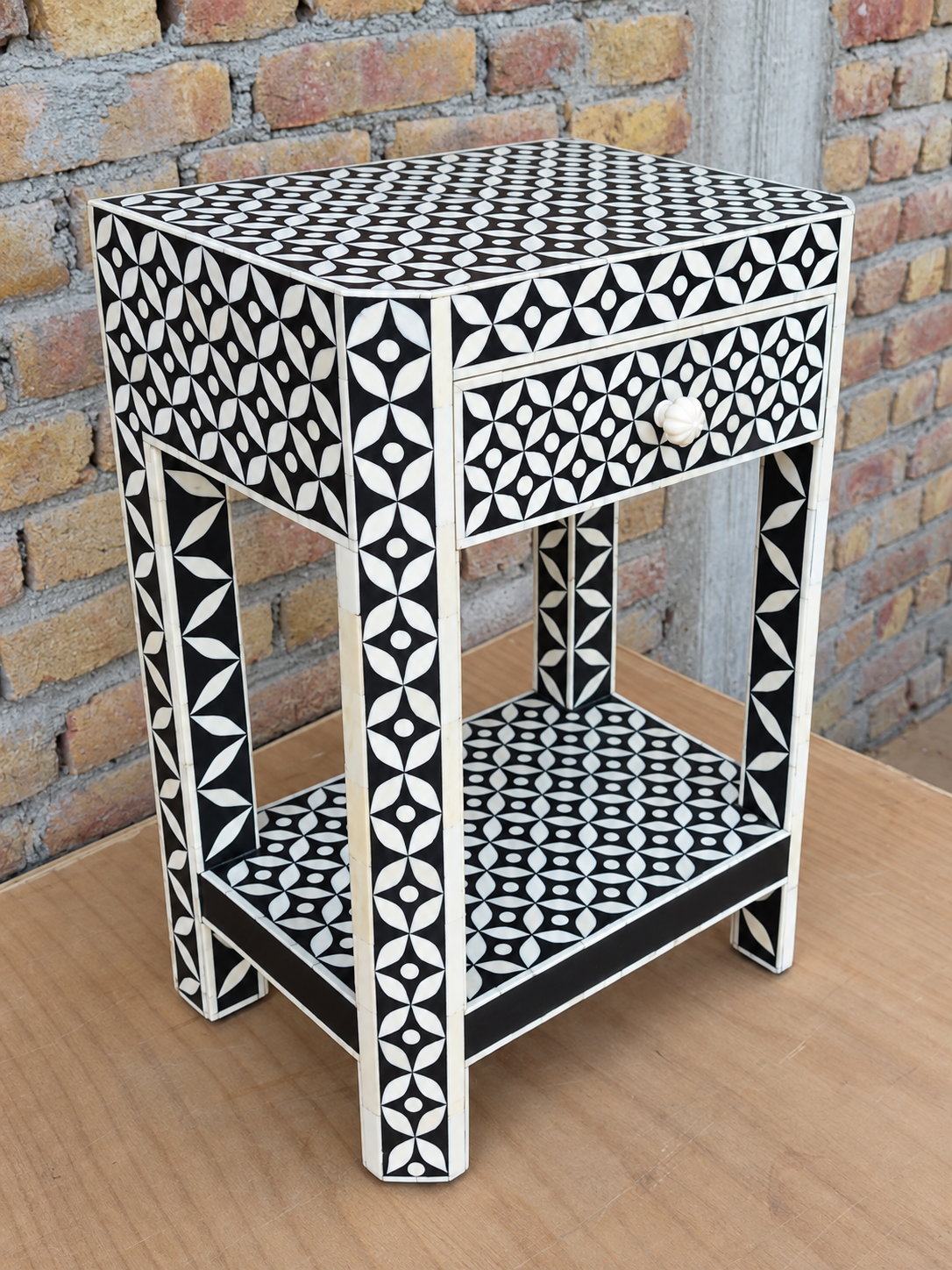 Handmade Black & White Bone Inlay Bedside Table – Geometric 1 Drawer Nightstand with Shelf