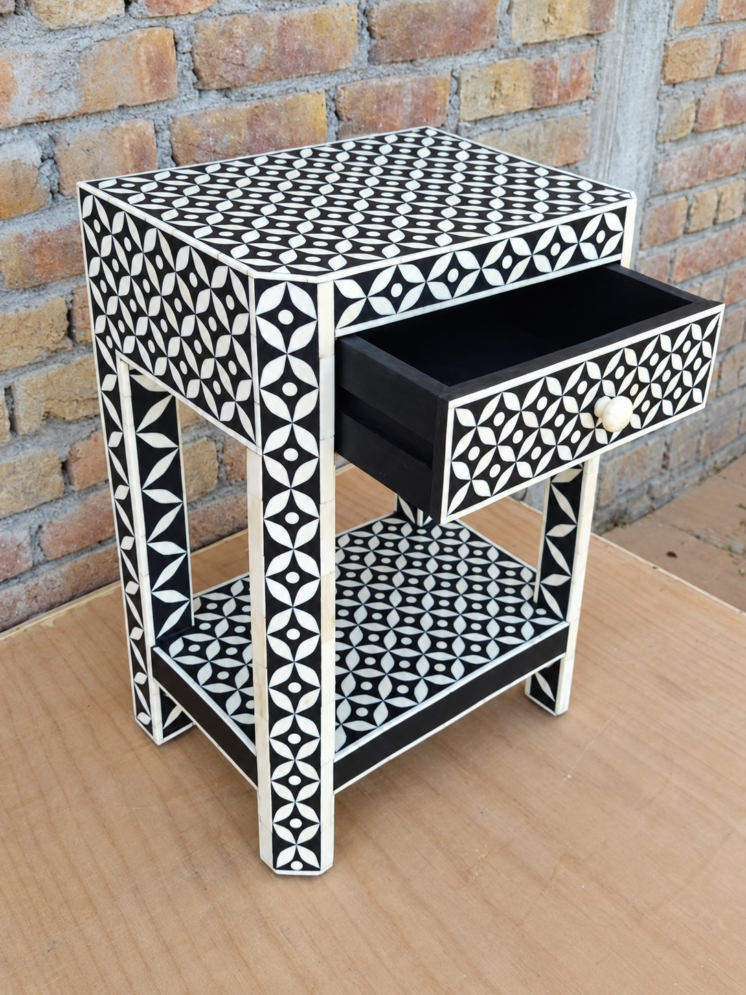 Handmade Black & White Bone Inlay Bedside Table – Geometric 1 Drawer Nightstand with Shelf