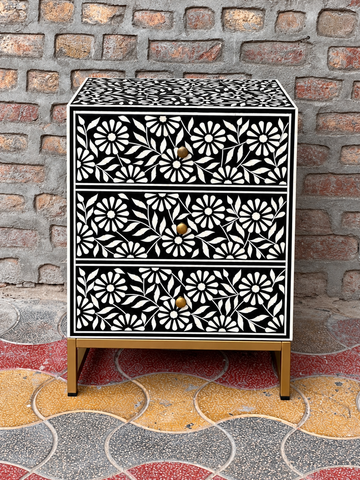 Handmade Black & White Bone Inlay Bedside Table – Floral 3 Drawer Nightstand with Brass Legs