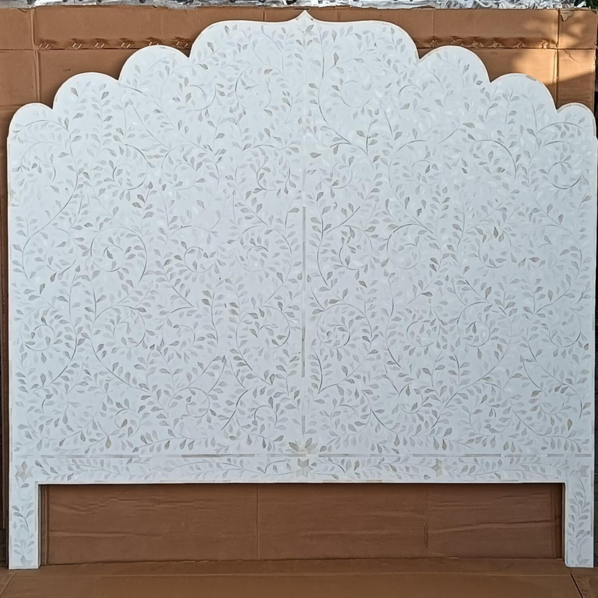 White Floral Bone Inlay Headboard – Handmade Scalloped Luxury Bedhead